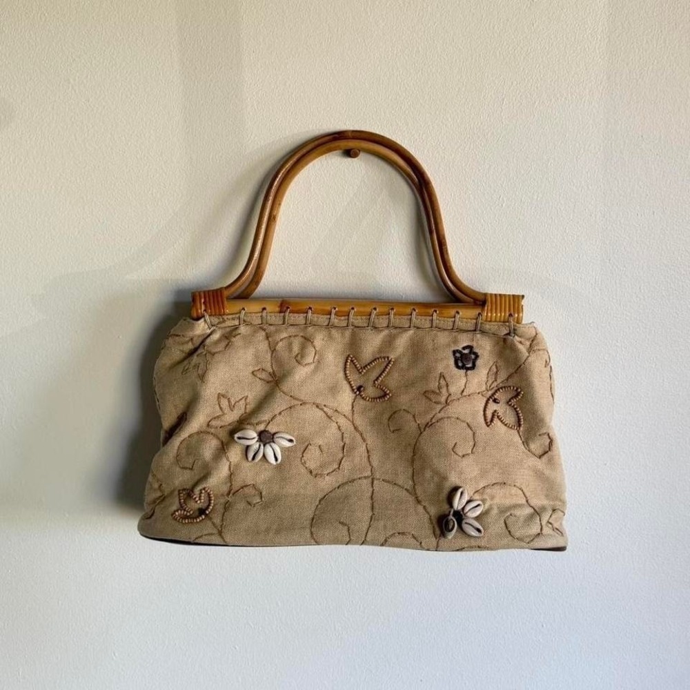 Vintage Y2K Boho Shell Embroidered Bag Bamboo Handle St. John's Bay Beige Purse